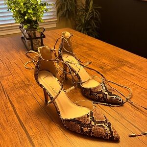 Lulu's Tan Snake Print Lace-Up Heels